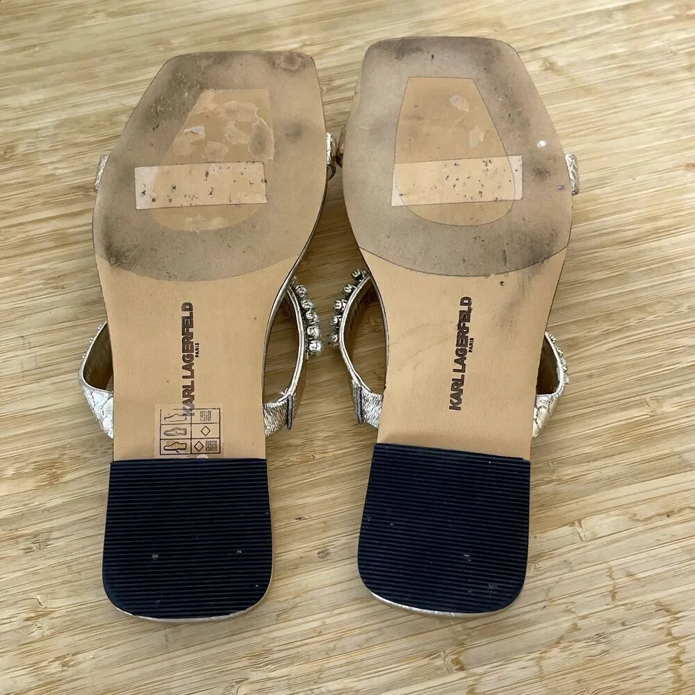 Karl Lagerfeld Paris Sandals Size 6.5M Rhinestone Payzlee Slip On Slide Shoes